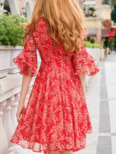 Autumn lacing V neck Floral Shift Dress
